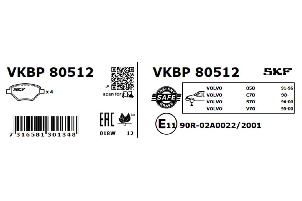 Jeu de 4 plaquettes de frein SKF ref. VKBP 80512
